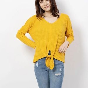 Guess Mustard Yellow Tie Front Long Sleeve Tee S